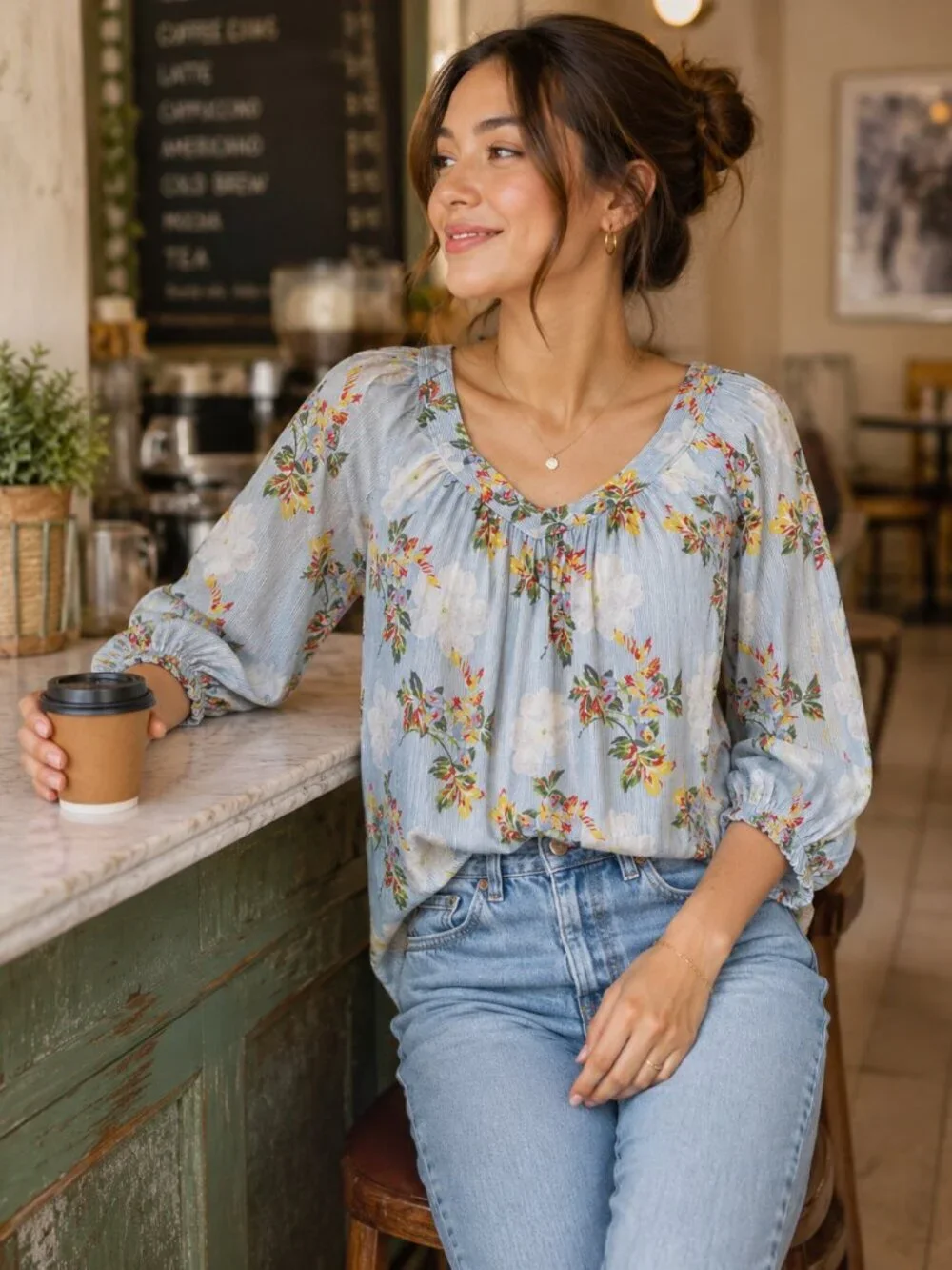 Anthropologie Maeve Boswell Womens 0P Floral Stripe Top Blue Multi 3/4 Sleeve